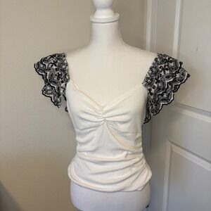 Anthropologie White Ribbed Knit Top Black Embroidered Eyelet Flutter Sleeve Med